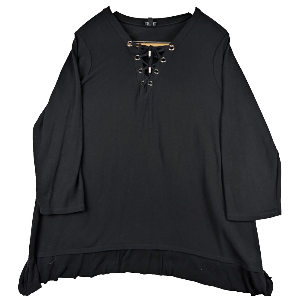 Cable & Gauge Lace Up 3/4 Sleeve Black Stretch Top XL Shark Bite Raw Hem Goth